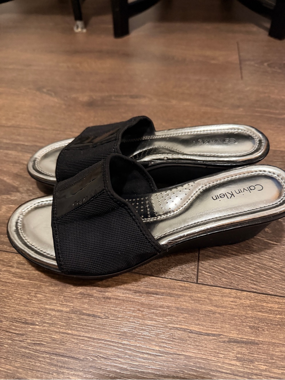 Vintage Y2K Calvin Klein Black Slip-On Wedge Mules with Silver Footbed- SZ 7-7.5